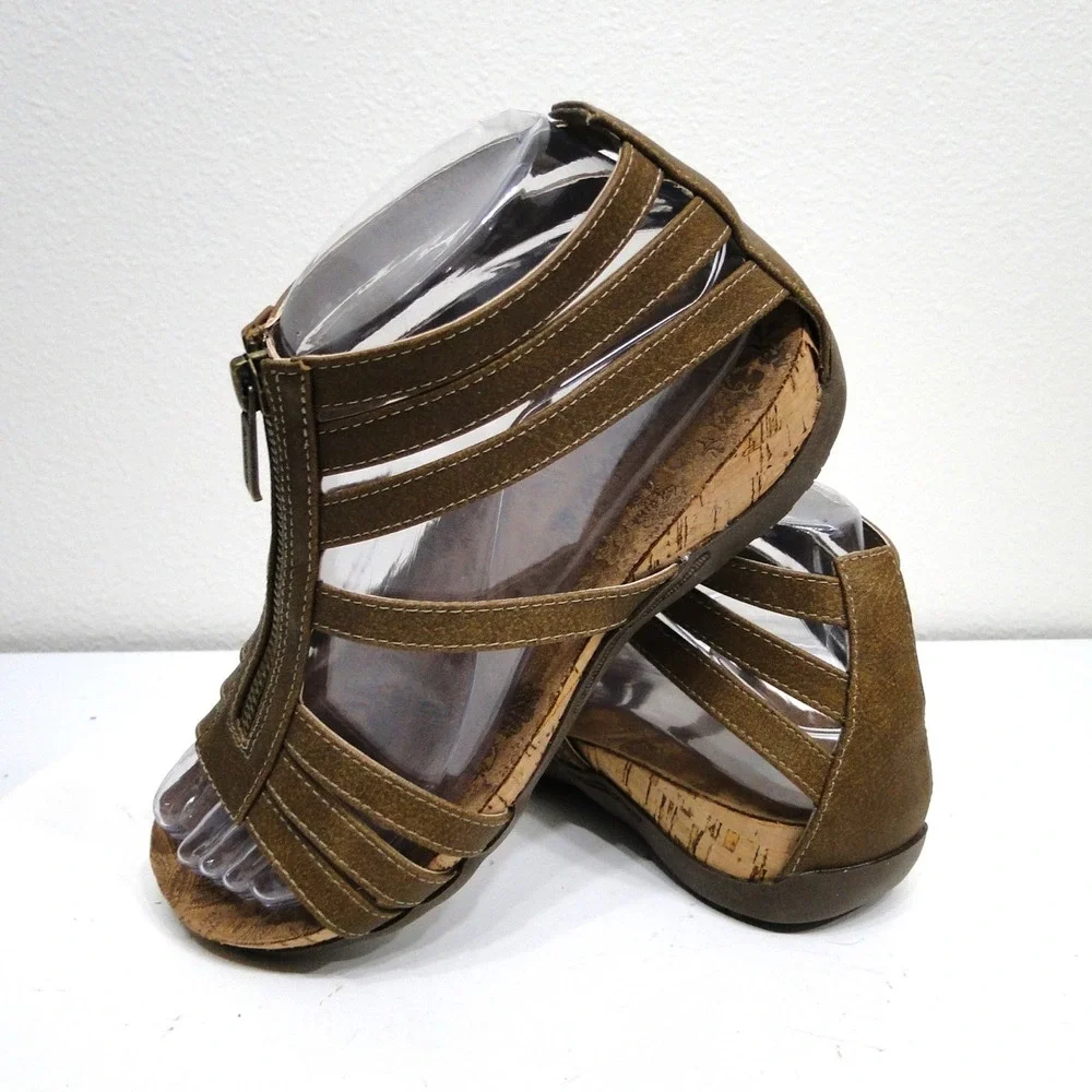 Bearpaw Womens Strappy Gladiator Cork Wedge Sandals Brown Front Zip 02996-00 6W